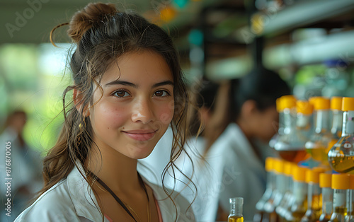 Young Mexican Girl in Laboratory, Happy and Wearing White Coat