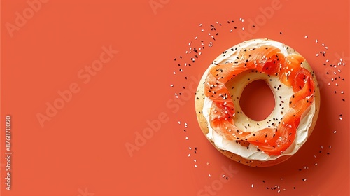 A bagel with smoked salmon on topped on orange background with space for text. 