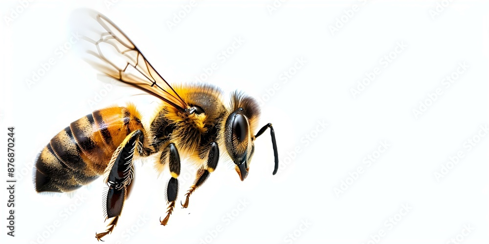 Beautiful Bee in Flight Closeup against a White Background. Concept Macro Photography, Insect Wildlife, Close-up Shots, White Background, Nature Up-close Beautiful Bee in Flight Closeup against a White Background. Concept Macro Photography, Insect Wildlife, Close-up Shots, White Background, Nature Up-close