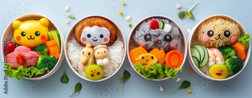 A cute bento set featuring adorable rice animals and a variety of colorful veggies, perfect for kids.