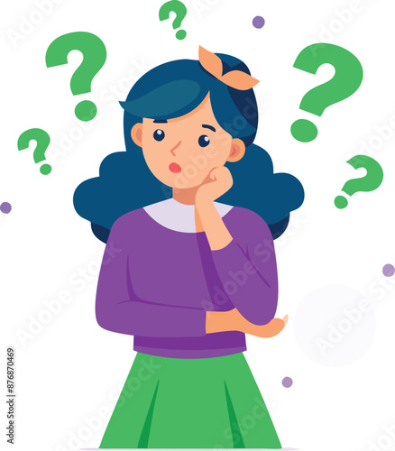 Uncertain woman with question marks on face and above head