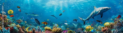 Beautiful coral reef set against a background of marine tropical fish including whale sharks, hammersharks, Zebra sharks, and sea turtles