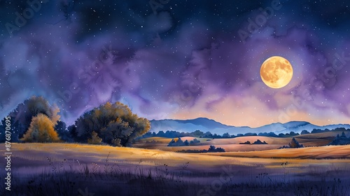 Harvest moon, shining over fields, Thanksgiving night, Watercolor style