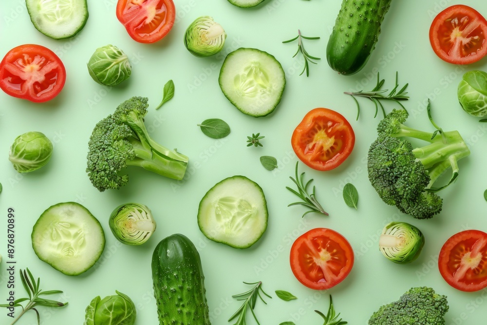 Vegetables food pattern made of broccoli, Brussels sprouts, cucumber, cut tomatoes, herbs, light pastel background. Minimal flat lay design about nutrition, healthy eating, diets, vitamins. Top view Vegetables food pattern made of broccoli, Brussels sprouts, cucumber, cut tomatoes, herbs, light pastel background. Minimal flat lay design about nutrition, healthy eating, diets, vitamins. Top view
