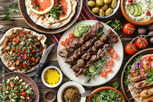 Various Turkish dishes: meat kebab with tabbouleh salad, falafel, hummus, olives, pistachios and other Middle Eastern meze on wooden table top view. Ethnic arab food, cuisine of Turkey