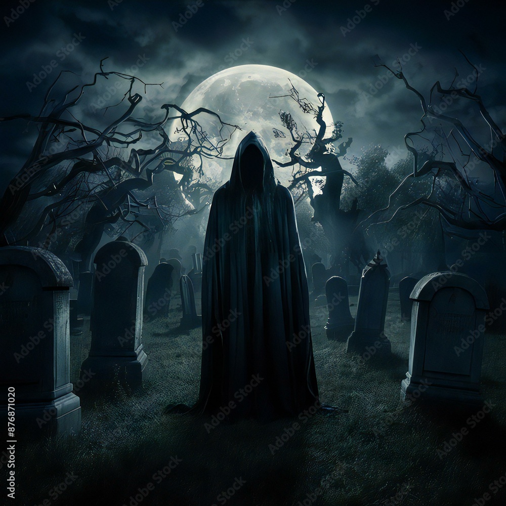 View of scary cemetery at night with moonlight View of scary cemetery at night with moonlight