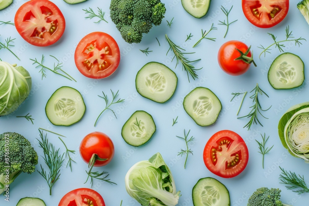 Vegetables food pattern made of broccoli, Brussels sprouts, cucumber, cut tomatoes, herbs, light pastel background. Minimal flat lay design about nutrition, healthy eating, diets, vitamins. Top view Vegetables food pattern made of broccoli, Brussels sprouts, cucumber, cut tomatoes, herbs, light pastel background. Minimal flat lay design about nutrition, healthy eating, diets, vitamins. Top view