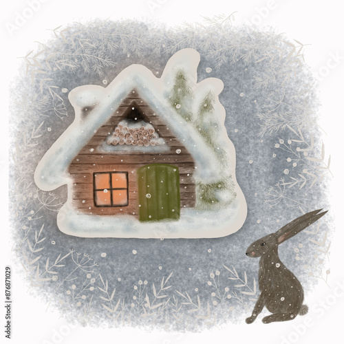 christmas greetind card with house and snow photo