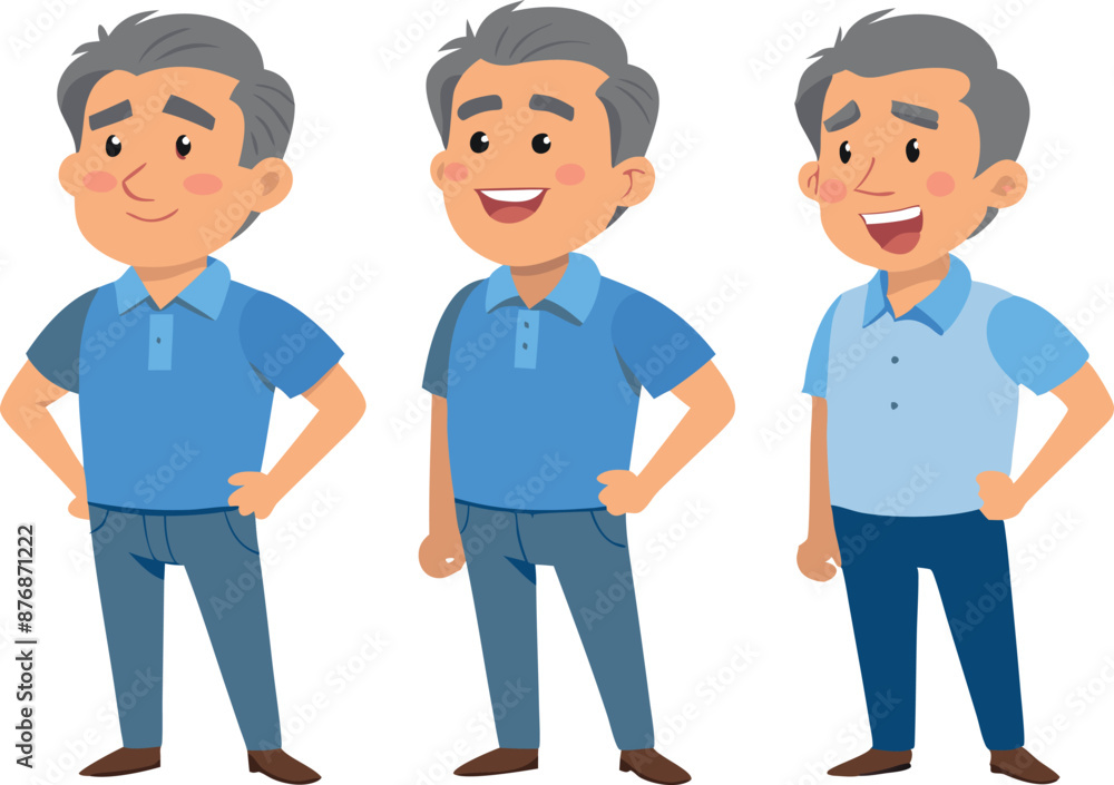Three men in blue shirts and jeans standing together Three men in blue shirts and jeans standing together