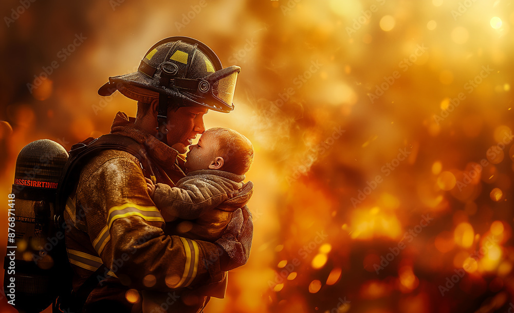 Firefighter holding a baby in his arms against the backdrop Firefighter holding a baby in his arms against the backdrop