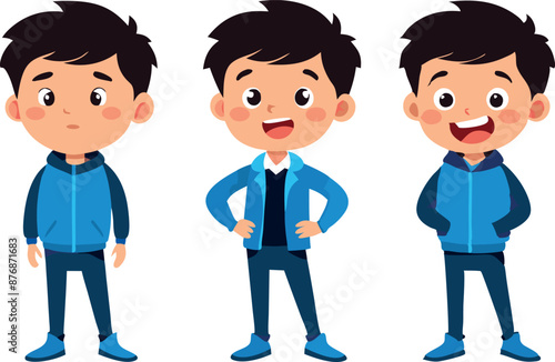 Set of cartoon boys in blue outfits with different emotions