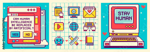 Nostalgia computer screen and window interface as frames for messages. "Artificial vs human intelligence" concept. Fun retro pixel art style desktop icons of chatbot, pc, internet, cursor. Retro UI