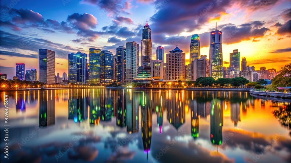 Fototapeta premium Vibrant cityscape at dusk, towering skyscrapers and neon lights illuminate the metropolitan horizon, reflecting off the calm river water, creating a stunning urban landscape.