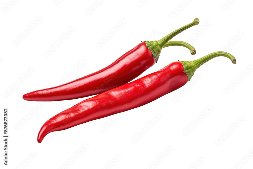 Two Vibrant Red Chillies Isolated on a White Background. on a White or Clear Surface PNG Transparent Background. Two Vibrant Red Chillies Isolated on a White Background. on a White or Clear Surface PNG Transparent Background.
