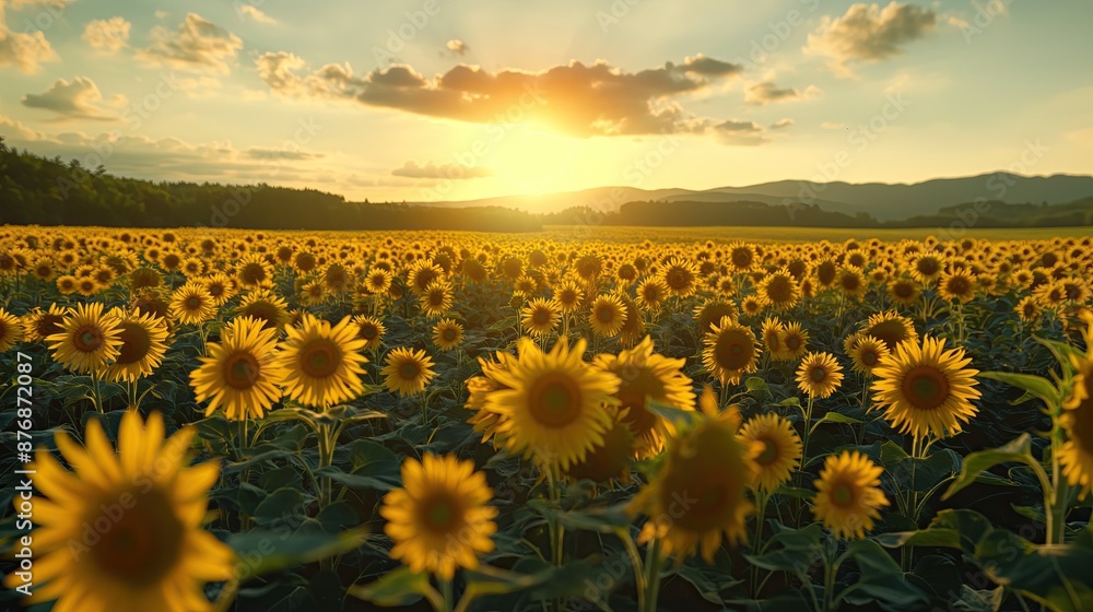 Obraz premium Sunflower Field at Sunset, Golden Sunflowers with Warm Sunlight