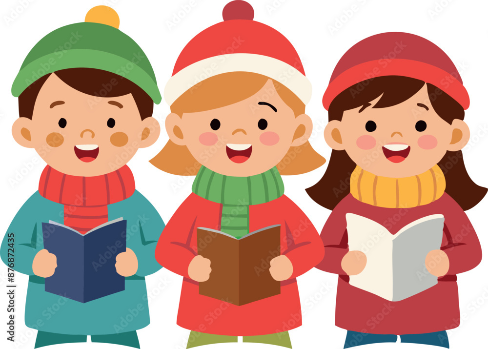 Three children singing and reading books in winter clothes, enjoying a fun activity outdoors Three children singing and reading books in winter clothes, enjoying a fun activity outdoors