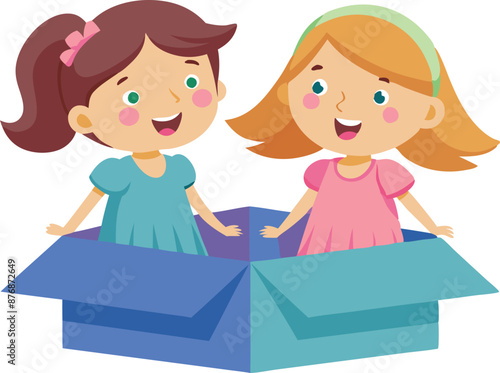Two girls playing inside a box, enjoying imaginative play and having fun together