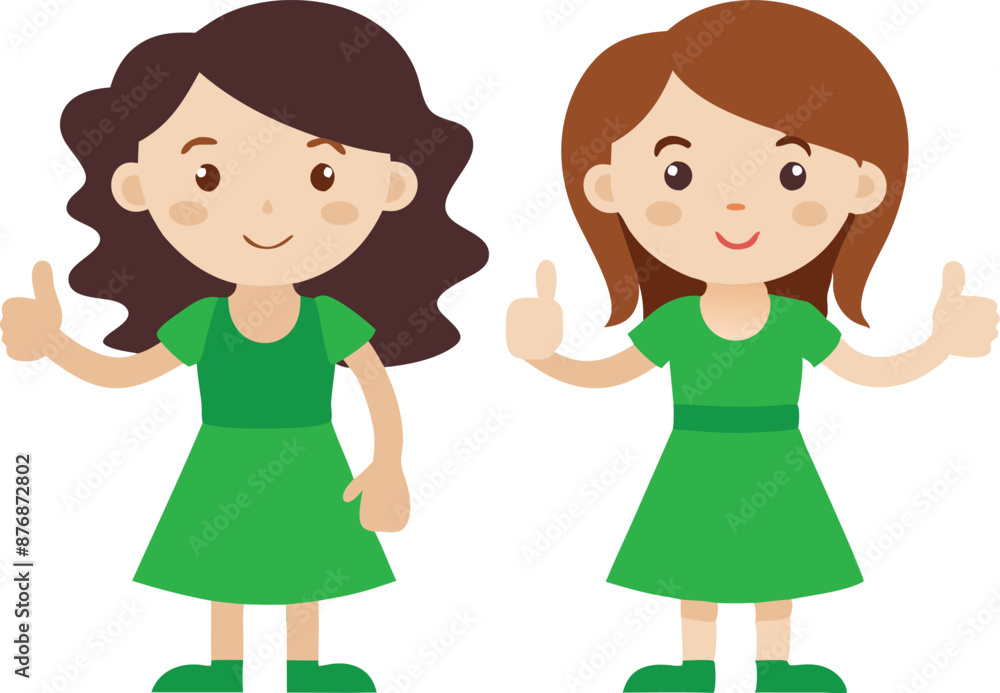 Two cartoon girls showing thumbs up, isolated on a white background. They both have green dresses and brown hair. Two cartoon girls showing thumbs up, isolated on a white background. They both have green dresses and brown hair.