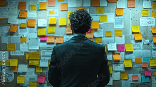 Back view of investigator examining a bulletin board filled with notes, documents, and clues, symbolizing analysis and investigation.