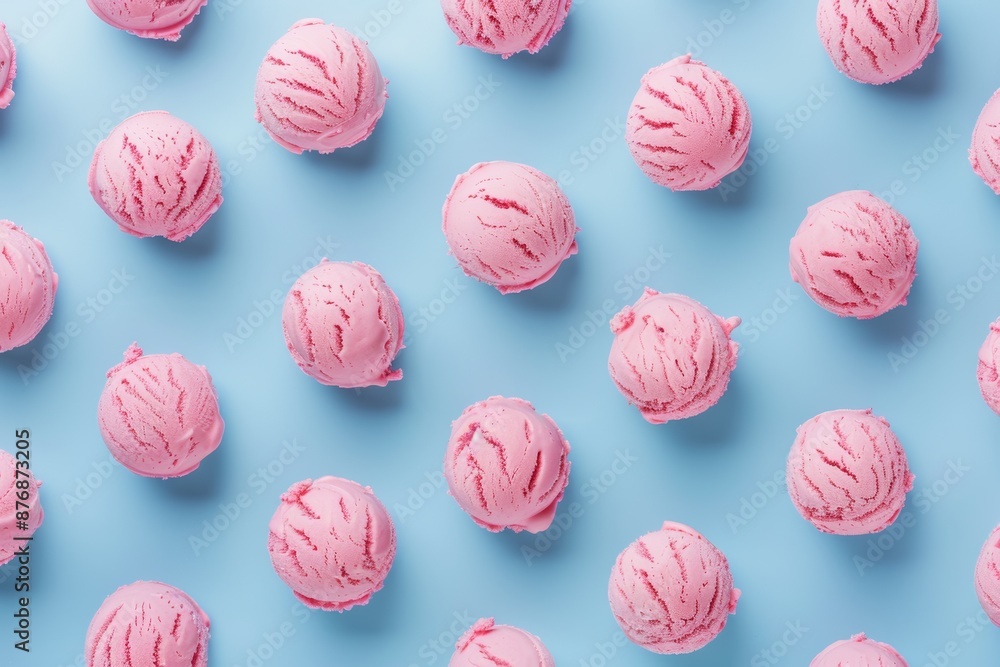 A pink strawberry ice cream pattern is placed on a pastel blue background. A summer minimalism aesthetic is seen in this flat lay photo. A pink strawberry ice cream pattern is placed on a pastel blue background. A summer minimalism aesthetic is seen in this flat lay photo.