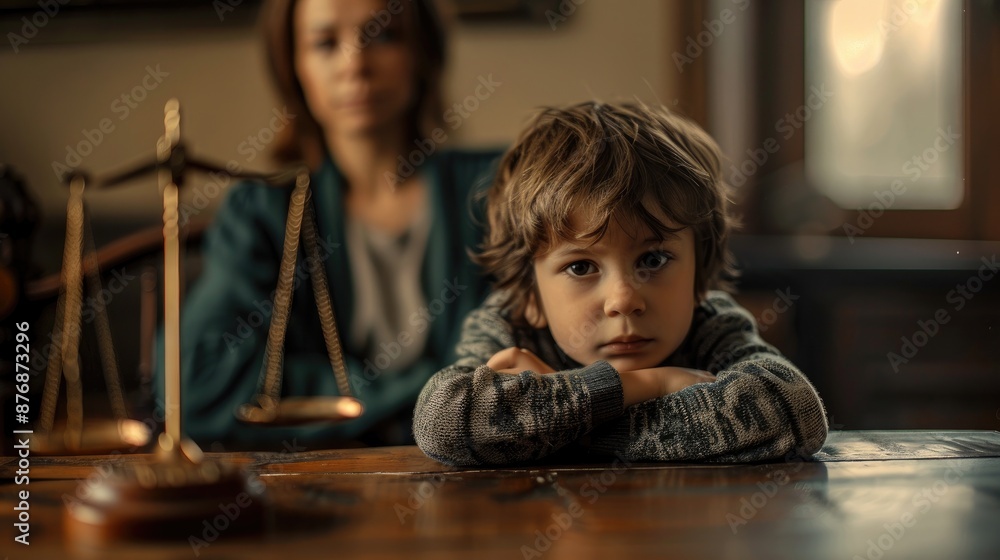 Cute child and mother at table with gavel of judge blurred in background, family law concept Cute child and mother at table with gavel of judge blurred in background, family law concept