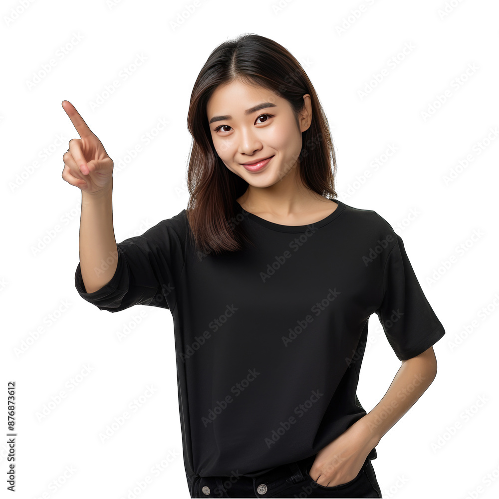 a young woman in a white shirt and pointing up