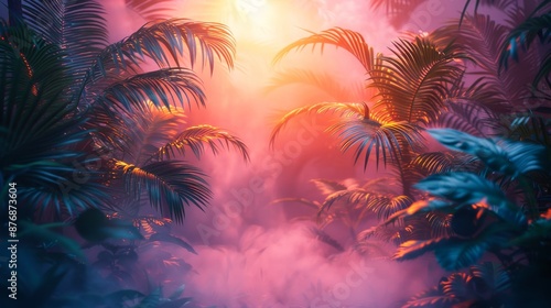 Tropical dark trend jungle with retro palm trees and plants. Illuminated neon lights.
