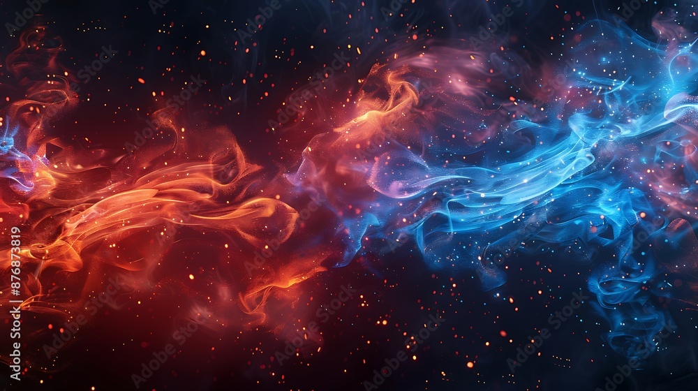 Red and blue flame elements in an abstract wallpaper, captured in high-definition Vray rendering. Fiery sparks create a dramatic texture. Red and blue flame elements in an abstract wallpaper, captured in high-definition Vray rendering. Fiery sparks create a dramatic texture.