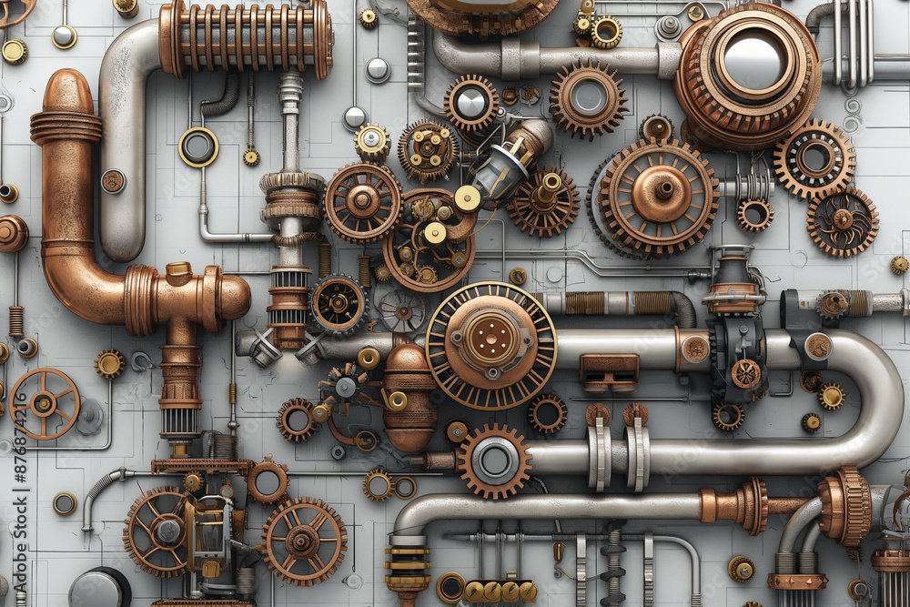 Fototapeta premium The image is a collage of various mechanical parts, including gears and pipes