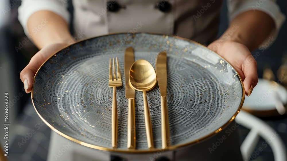 Obraz premium Woman in uniform holding a plate with golden cutlery on it, a close-up of hands and silverware