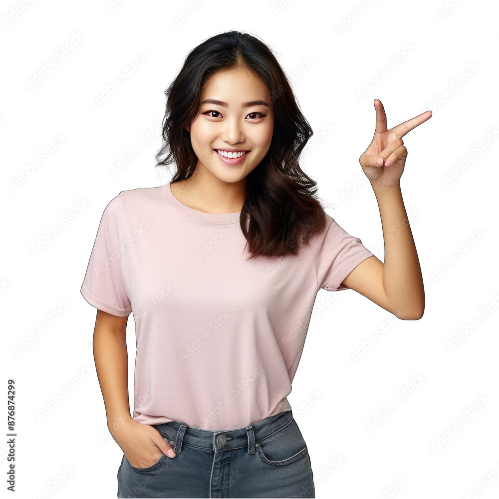 a young woman in a white shirt and pointing up a young woman in a white shirt and pointing up