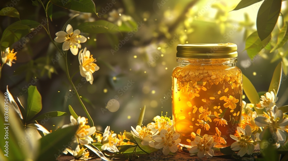 Golden honey in a jar surrounded by delicate acacia blossoms and verdant leaves, offering a glimpse of nature's sweet bounty. Golden honey in a jar surrounded by delicate acacia blossoms and verdant leaves, offering a glimpse of nature's sweet bounty.