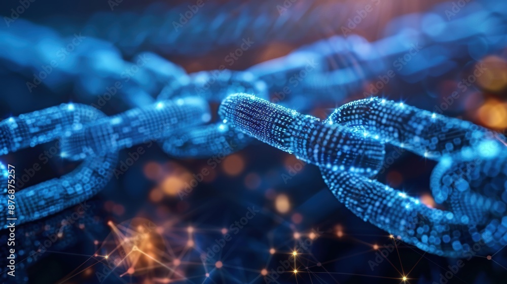 Close-up of digital blue chain links with glowing network nodes, symbolizing blockchain technology and interconnected systems. Close-up of digital blue chain links with glowing network nodes, symbolizing blockchain technology and interconnected systems.