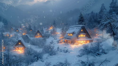 Animation Cozy winter village with snow-covered cabins at night generated with ai