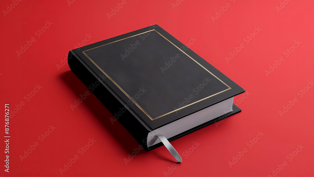 Black hardcover book with a bookmark on a red background. Black Book Mockup Closed Cover Display with Copyspace Black hardcover book with a bookmark on a red background. Black Book Mockup Closed Cover Display with Copyspace