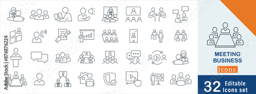 Business Meeting Essentials simple line  icon set. containing business meeting, teamwork, training, Agenda, Goal Setting, Presentation, Flat Design and more vector icons