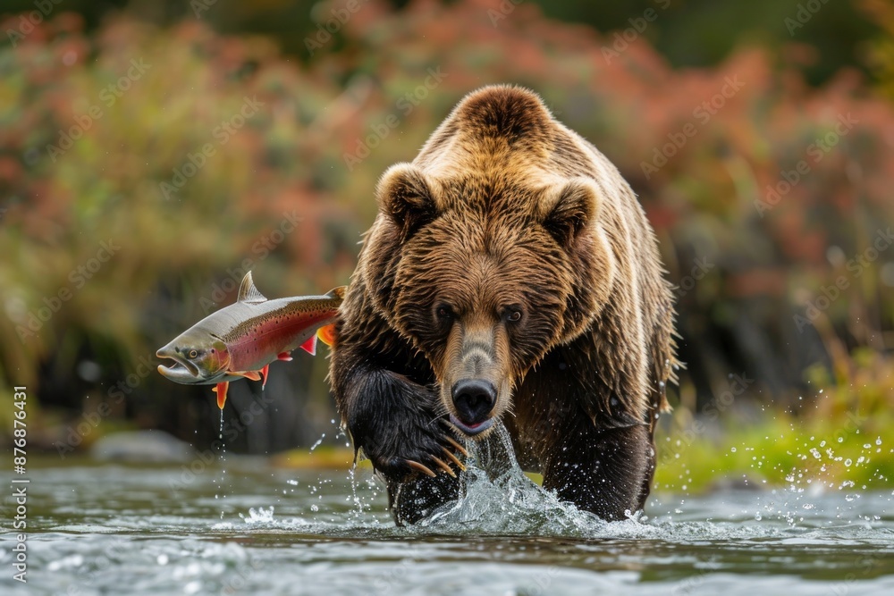 A brown bear catches a salmon in the river A brown bear catches a salmon in the river