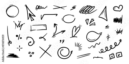 Hand drawn underlines, speech bubbles, arrows, strokes. Sketch emphasis by pen, pencil or marker Vector design elements set.