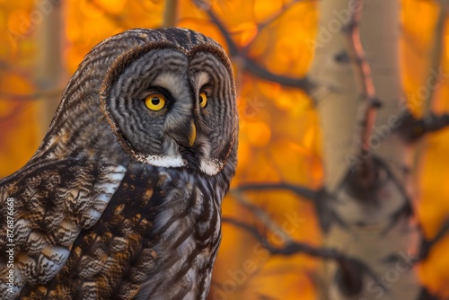 a close up portrait of a great grewy owl that details the unique camoflauge and dish shapped face of this species set against the orange glow of aspen trees