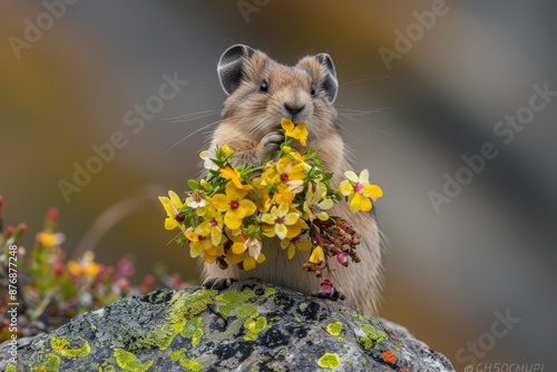 Obraz na płótnie A collared pika in the alpine area of the Talkeetna Mountains above Hatcher Pass in Alaska, sits on a boulder with a mouth full of freshly gathered tundra flowers for his haypile cache w salonie