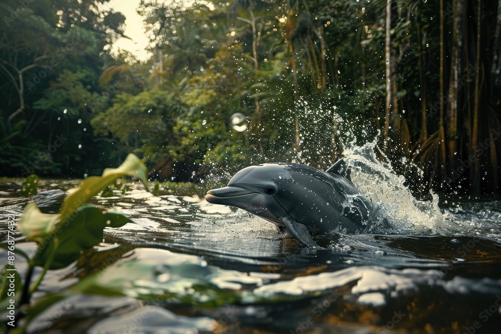 Naklejka premium Playful dolphin splashing in tropical river