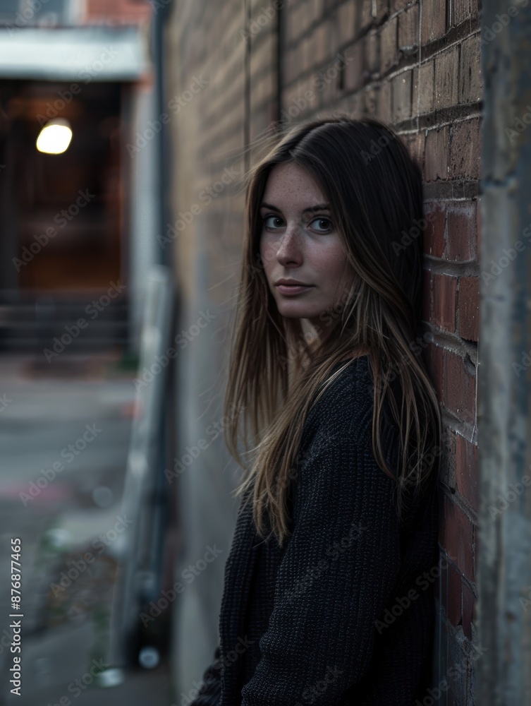 Obraz premium Thoughtful young woman leaning against brick wall