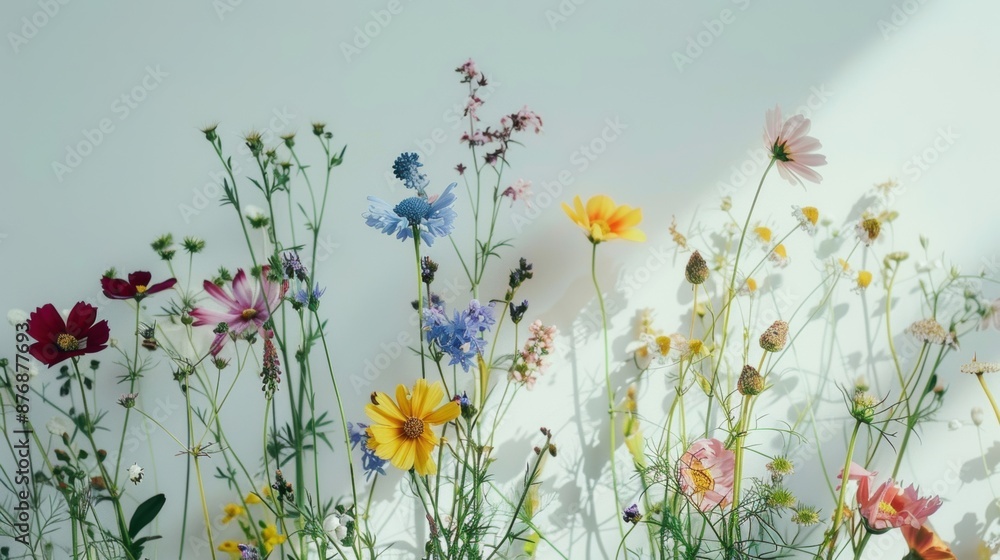 A variety of colorful wildflowers in full bloom are arranged against a plain white background, highlighting their natural beauty. A variety of colorful wildflowers in full bloom are arranged against a plain white background, highlighting their natural beauty.