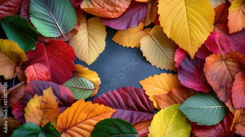 Flat Lay of Colorful Autumn Leaves on Grey Surface, Seasonal Fall Background with Copy Space