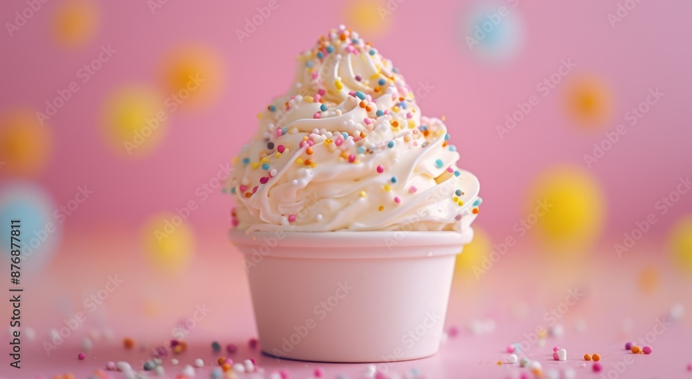 Colorful sprinkled ice cream cone on pink background