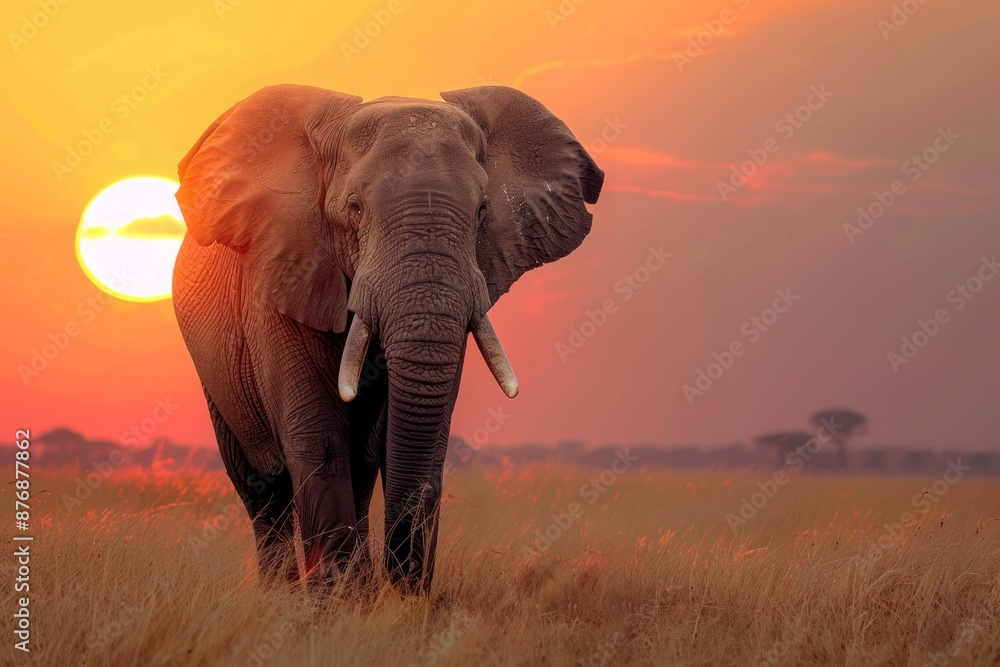 Fototapeta premium A giant female African elephant (Loxodonta africana) at sunset showing trunk as an aggressive signal