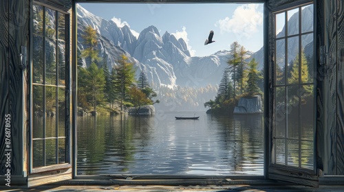 Scenic View from Open Window: Snow-Covered Mountains, Pine Trees, Fisherman, and Bald Eagle