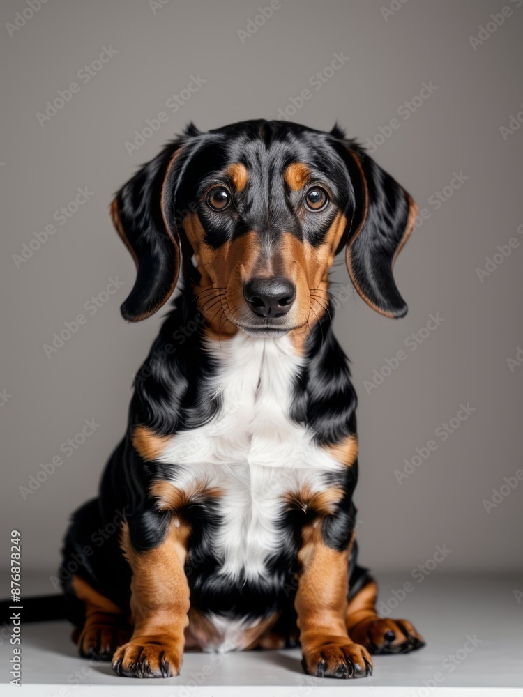Portrait of a Dachshund Dog Simple Grey Background with Studio Lighting Portrait of a Dachshund Dog Simple Grey Background with Studio Lighting