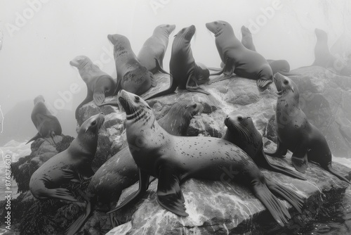 A group of Steller's sea lions hauled out on a rock in the Alaska photo