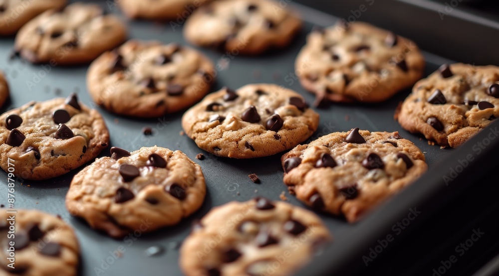 Freshly baked chocolate chip cookies on a baking sheet Freshly baked chocolate chip cookies on a baking sheet